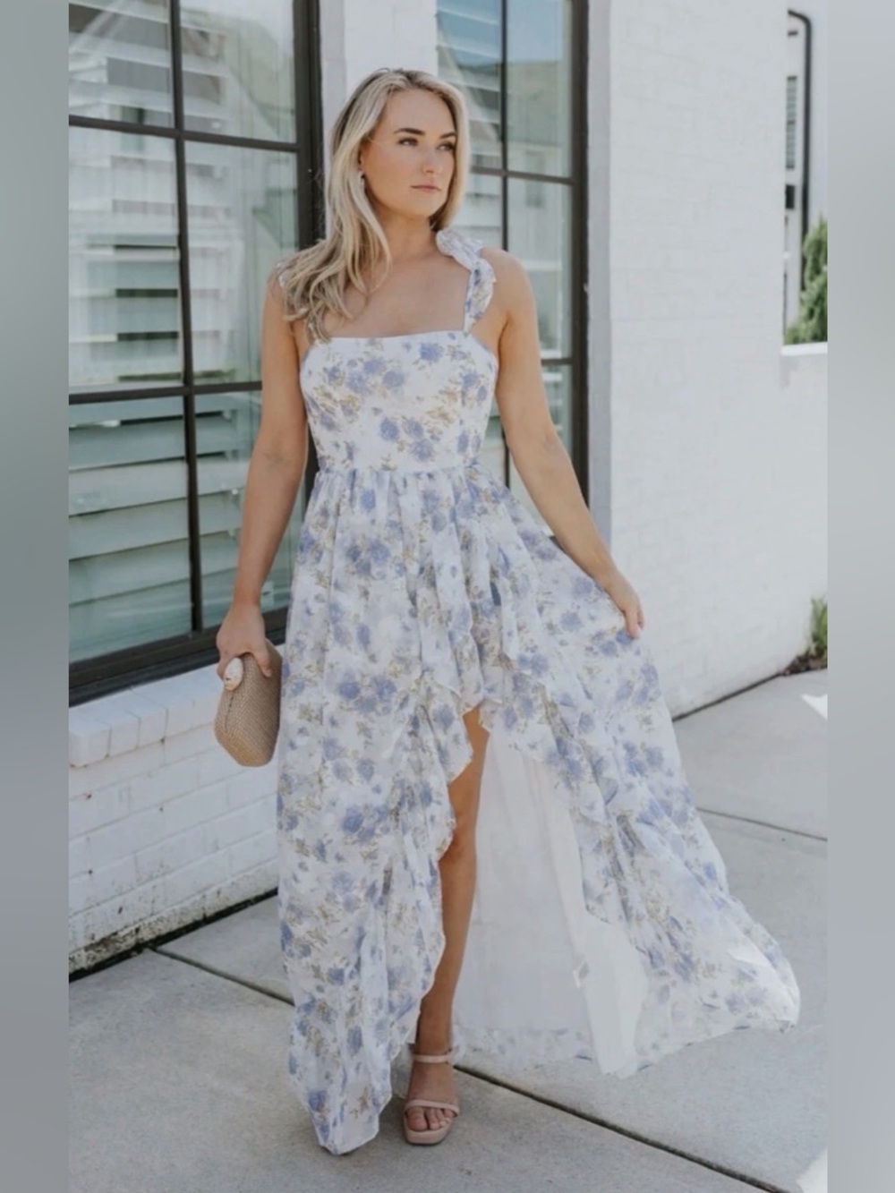 NWT Storia Ruffle Maxi Dress Women’s size S Romantic Cottagecore Blue Floral